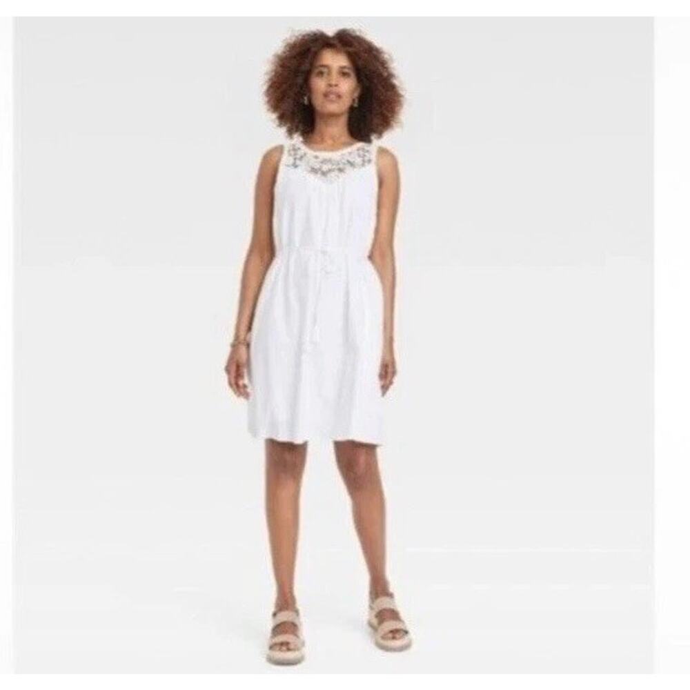 Knox Rose White Peasant Lace Neck Dress XXL Sleeveless Boho Cotton Midi Crochet